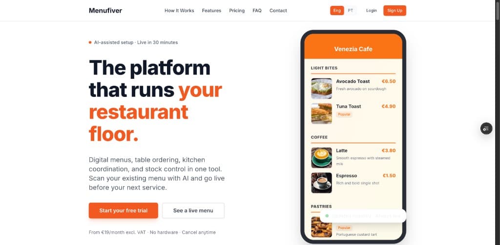 MenuFiver website preview
